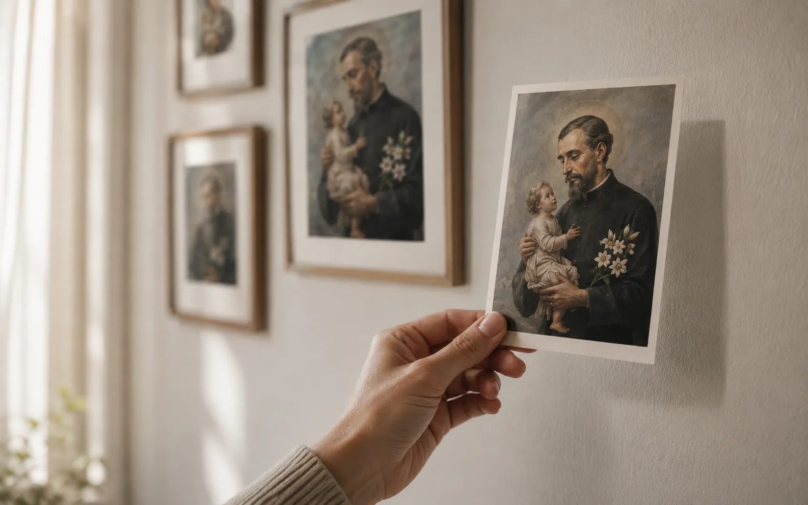 Persona sosteniendo una imagen impresa de San Cayetano frente a cuadros religiosos