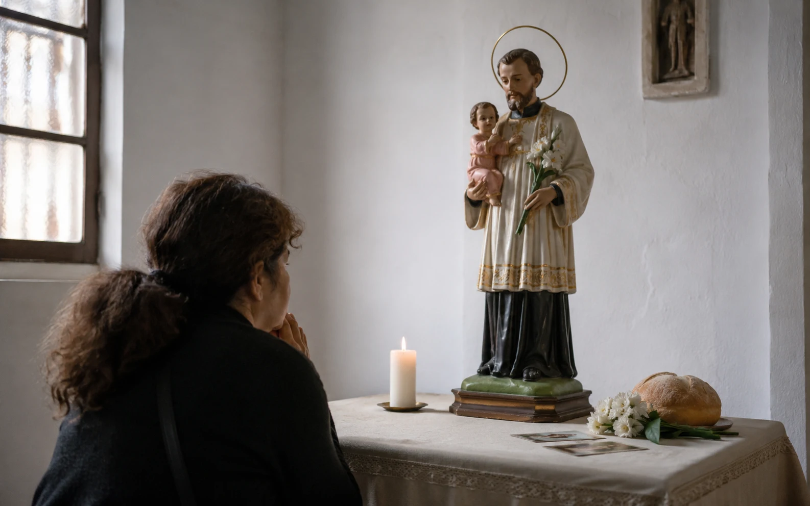 Imagen devocional de San Cayetano con velas, pan y flores como símbolos de fe, Providencia e intercesión