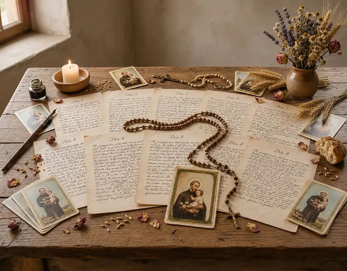 Mesa con hojas de oraciones de novena a San Cayetano