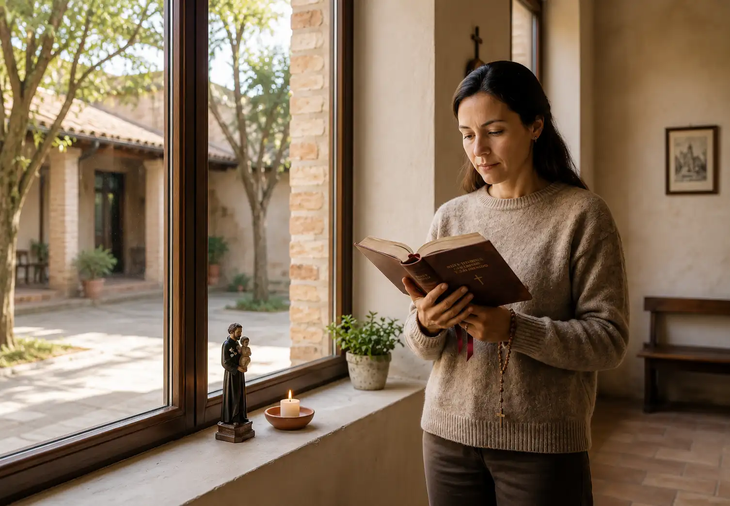 Mujer de pie leyendo un libro de oraciones durante una novena a San Cayetano