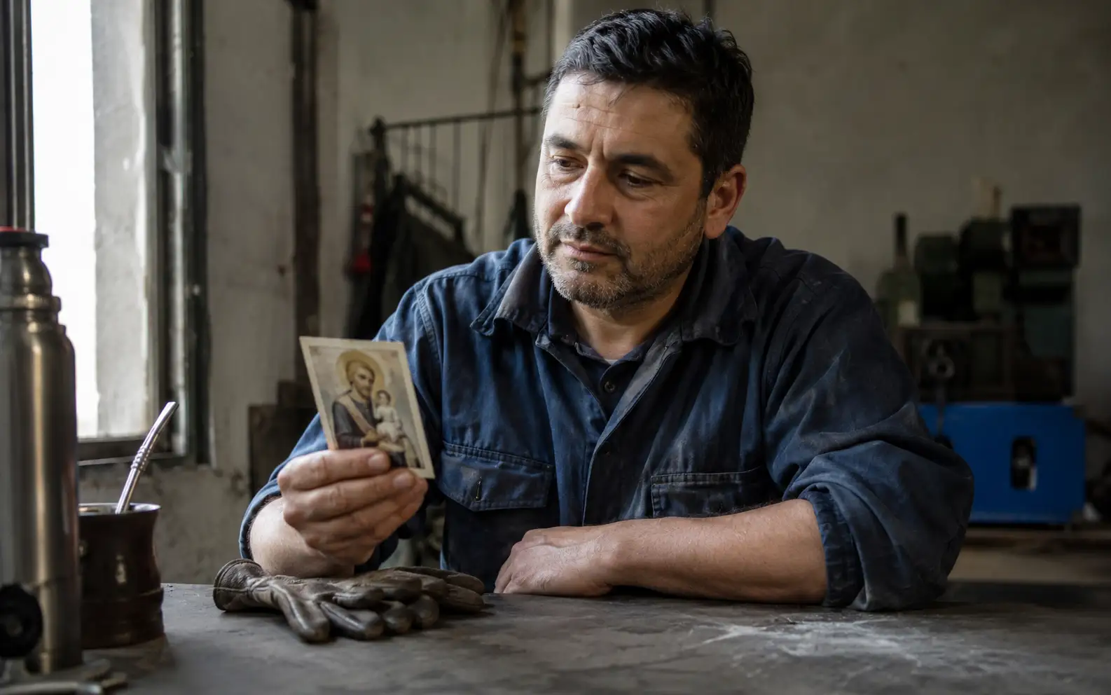 Trabajador mirando una estampita de San Cayetano durante una pausa laboral