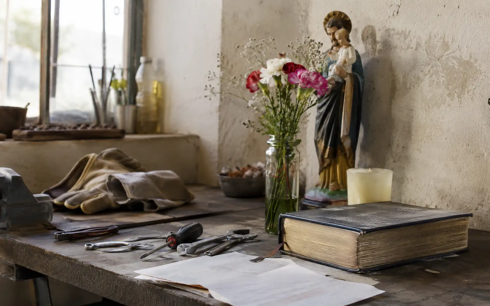 Mesa con flores, herramientas y una Biblia para rezar a San Cayetano por el trabajo