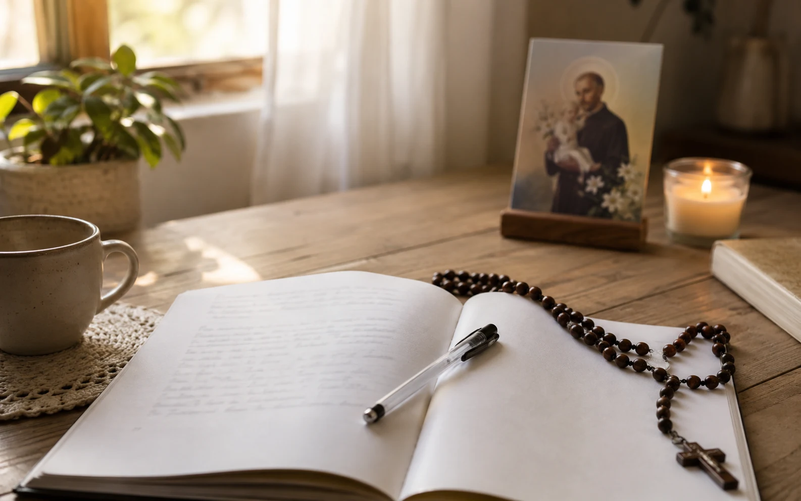 Cuaderno abierto con oraciones a San Cayetano sobre una mesa