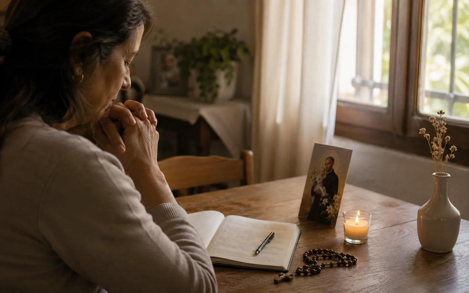 Mujer rezando en una mesa con una imagen de San Cayetano y un cuaderno de oraciones