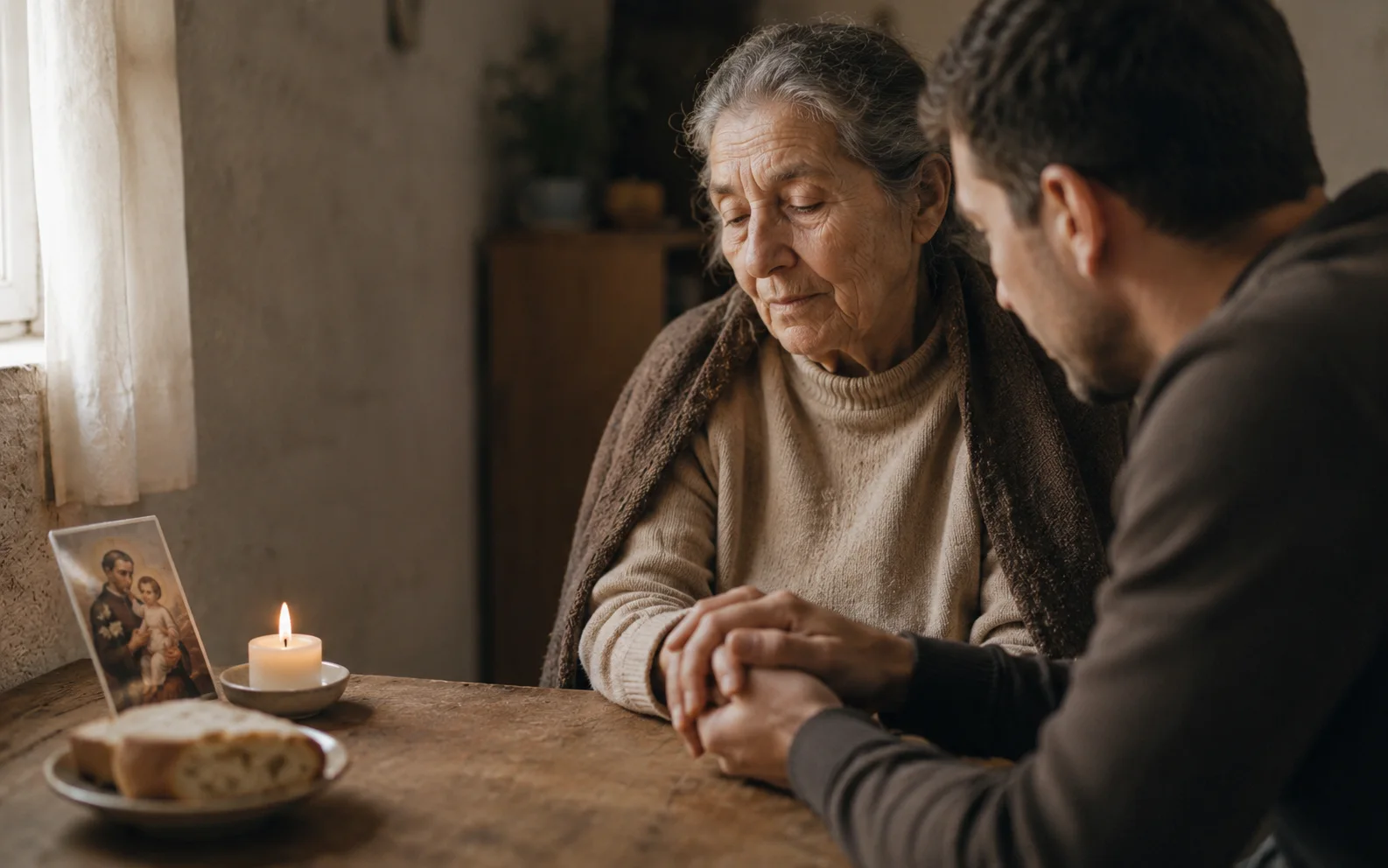 San Cayetano acompañando a una persona necesitada como signo de caridad, oración y confianza en la Providencia