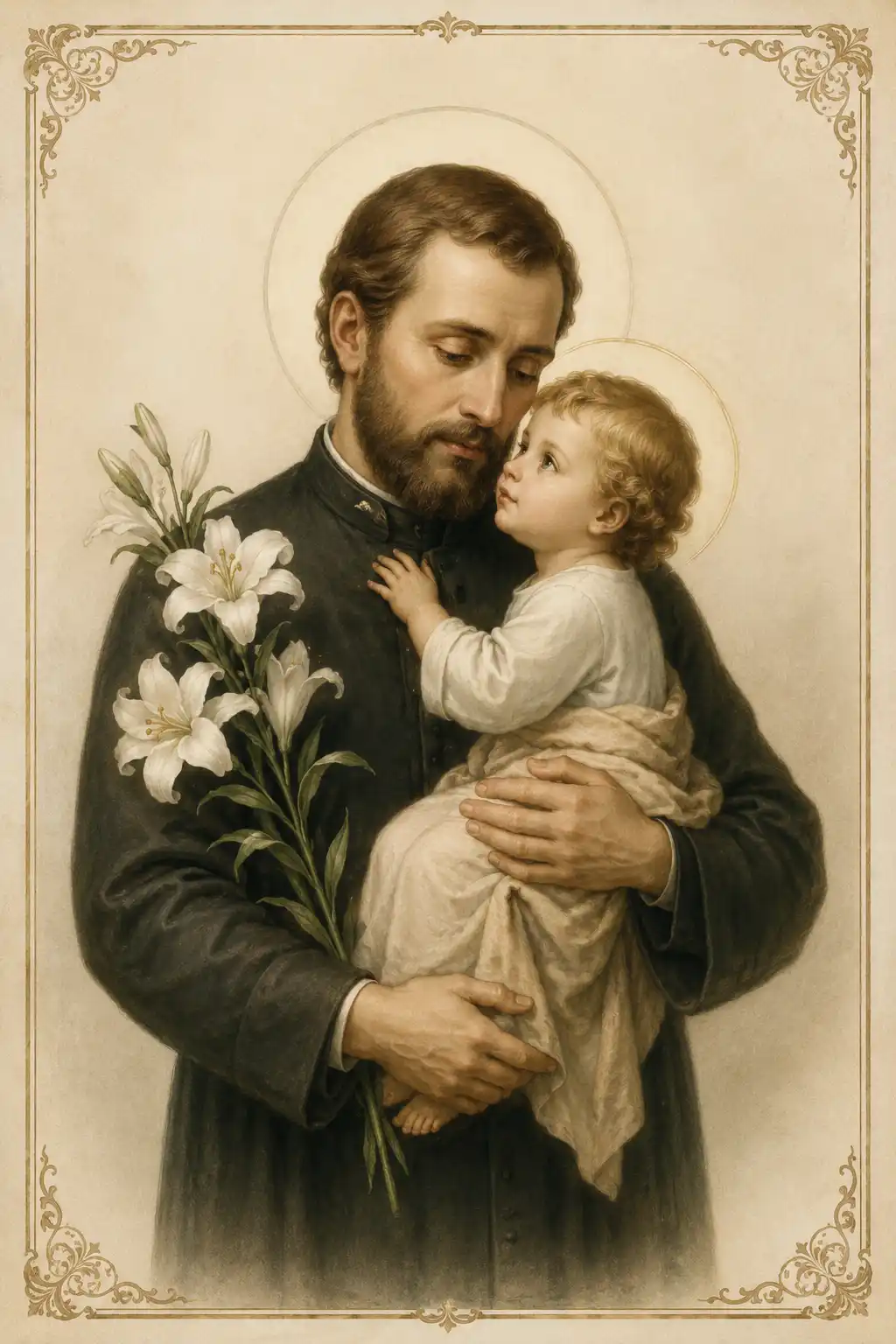 Imagen devocional de San Cayetano sosteniendo al Niño Jesús y flores blancas