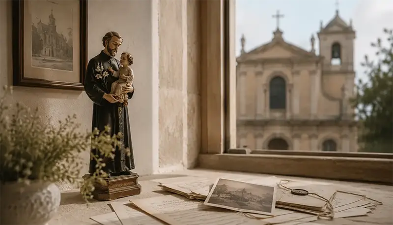 Imagen devocional de San Cayetano en un ambiente histórico y contemplativo