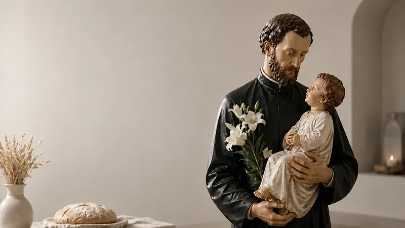 Imagen devocional de San Cayetano con el Niño Jesús, pan y luz cálida