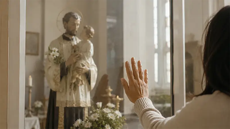 Persona frente a una imagen de San Cayetano en actitud de pedido y oración