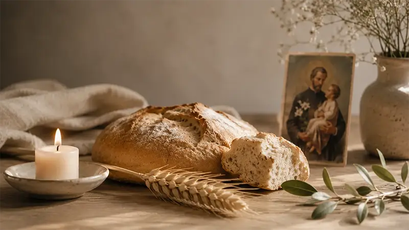 Pan, espiga y vela junto a una imagen de San Cayetano