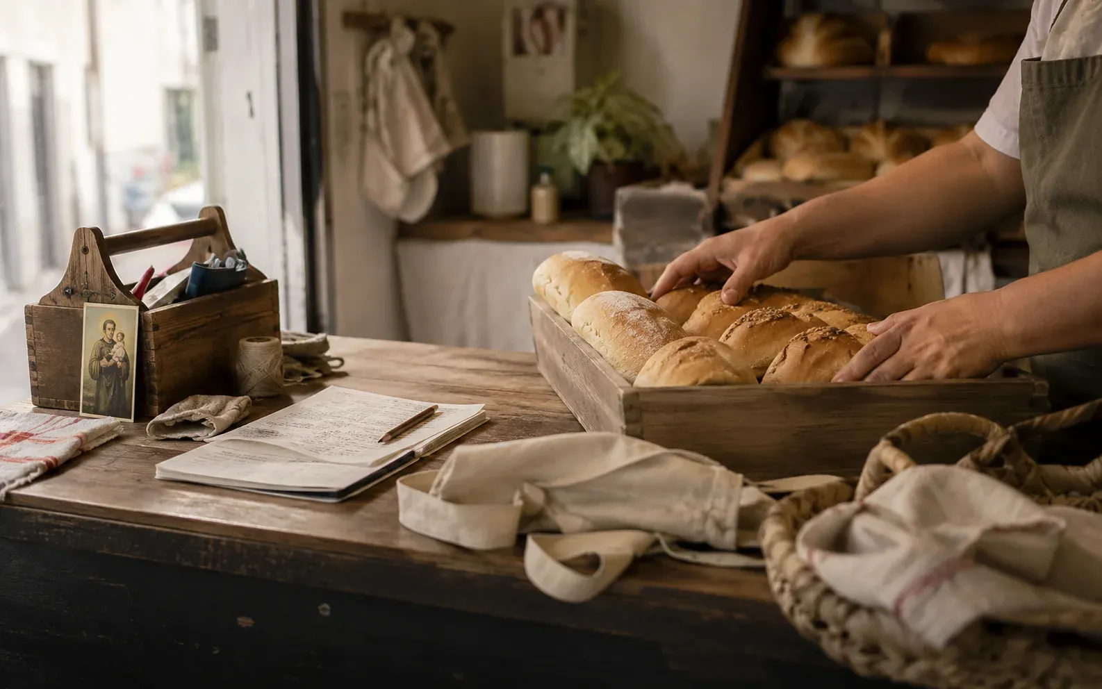 Manos acomodando pan en una panadería de barrio con una imagen de San Cayetano