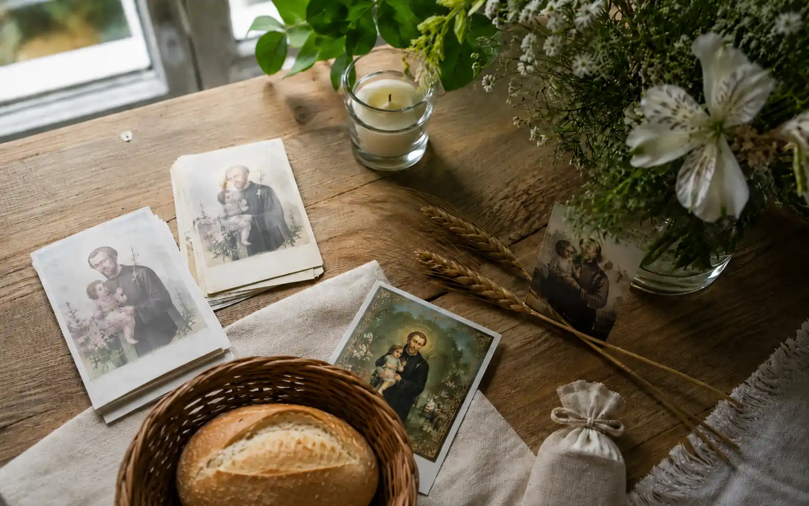 Vela encendida, pan y espigas como símbolos devocionales de San Cayetano
